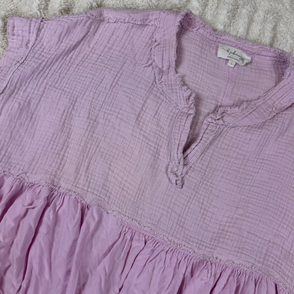 La February Womens Lavender Gauze Babydoll Top Short Sleeve Boho Blouse Large